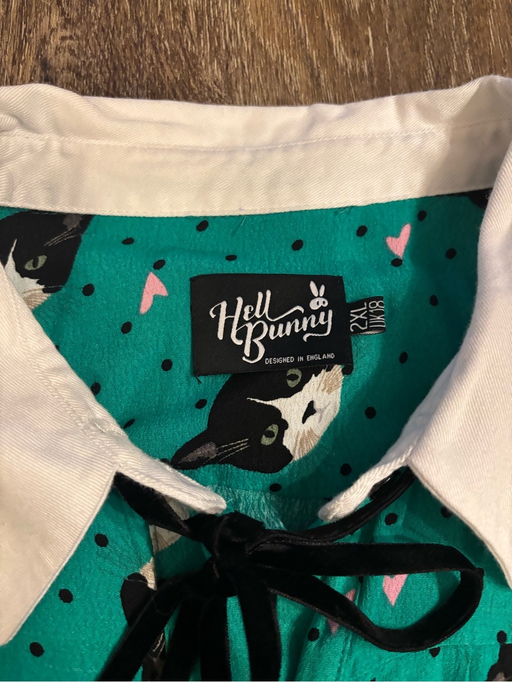 Hell Bunny Love Cat Face Lady Mini Dress White Collar Black Bow Smocked Teal 2XL - Picture 5 of 10
